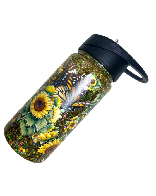 12oz Butterflies Sunflowers Acrylic Snowglobe Water Bottle